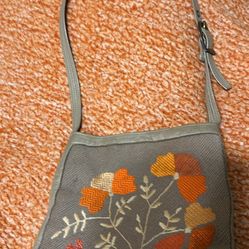 Bone/Orange Leather Shoulder Bag . 11.5” x 12”