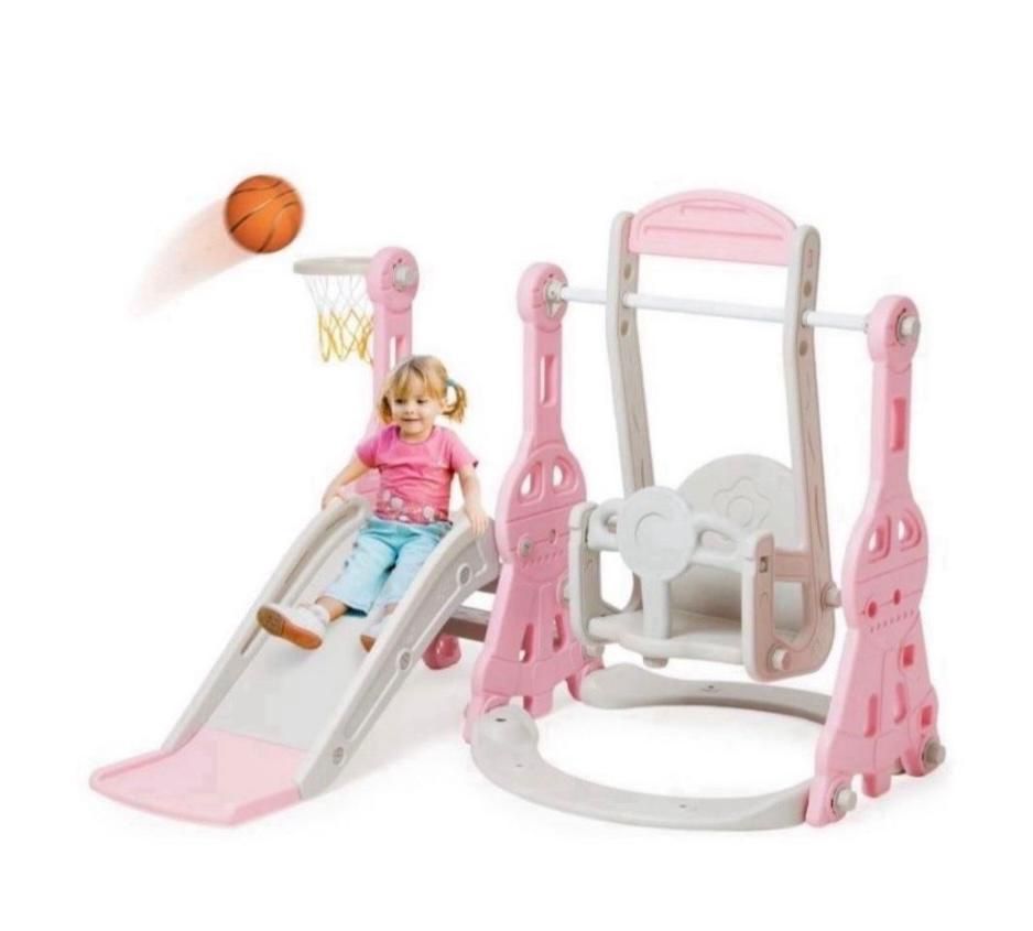 Toddler Slide and Swing Set 4 in 1 Baby Slide Climber Playse with Swing Slide Climber and Basketball Kids Slide and Swing Set V037
