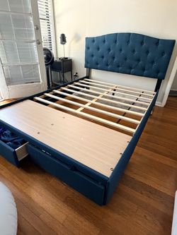 Blue Tufted Upholstered Bed Frame with Storage Drawers