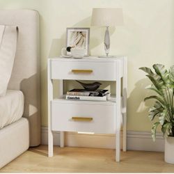 Nightstand with 2 Drawers and Open Shelf Wood Bedside Table Gold Handles Storage Night Stand with Light for Bedroom, White