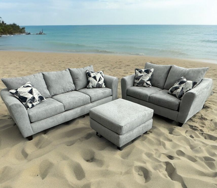 Brand new herringbone silver sofa, loveseat, and free ottoman!
