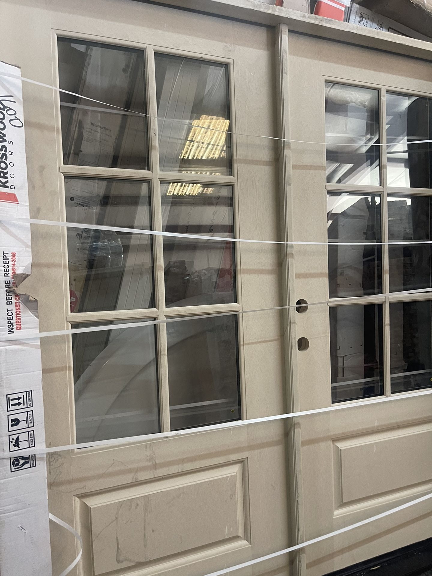 Krosswood Doors Farmhouse 72 in. x 80 in. 6-Lite Right-Active/Inswing Clear Glass Beige Stain