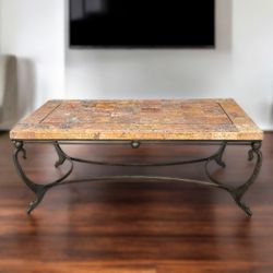 Rustic Stone & Wrought Iron Rectangular Coffee Table