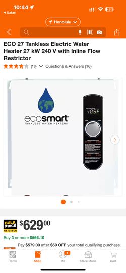 EcoSmart ECO 27 Tankless Electric Water Heater 27 kW 240 V with Inline Flow Restrictor