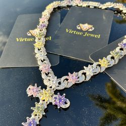 White Gold Silver Cross Multicolor Chain Necklace 22inch