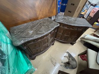 Pair of Marble Top Nightstands with Carved Wood