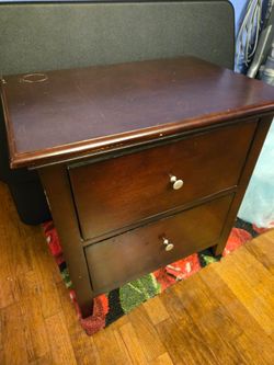 Real wood bedside tables, red tone, silver hardware, two drawers