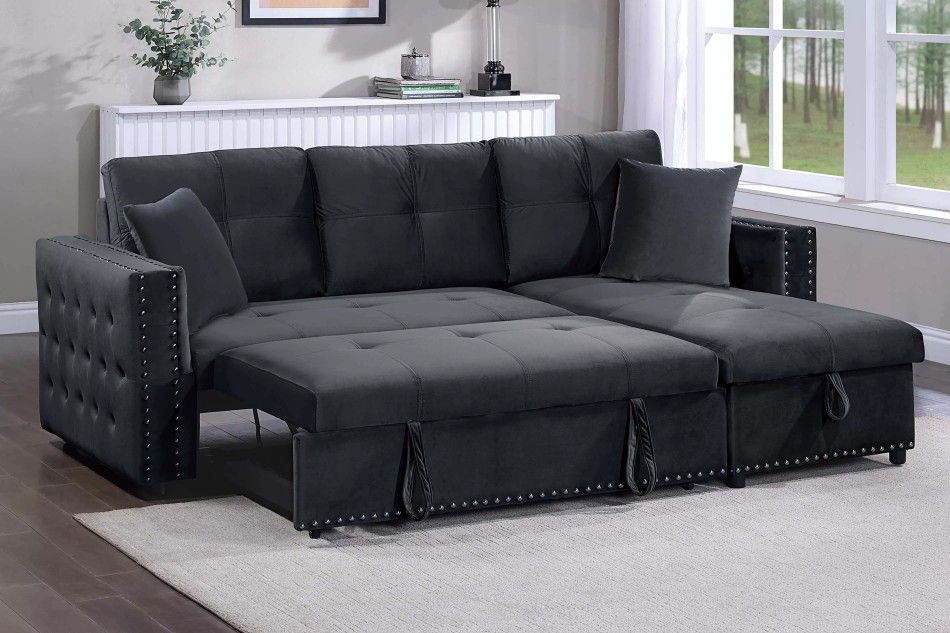 Brand New Black Velvet Sectional Sofa Storage Sleeper 