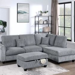 Elegant No Tax 3-Pc Corduroy Convertible Sectional Sofa With Storage Ottoman And USB Port 
