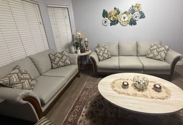 Light Gray Fabric Sofa Set with Wood Trim