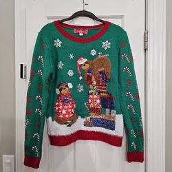 🎄🦥 Girls XL 14/16 Sloth Ugly Christmas Sweater Sequin Presents Green Red