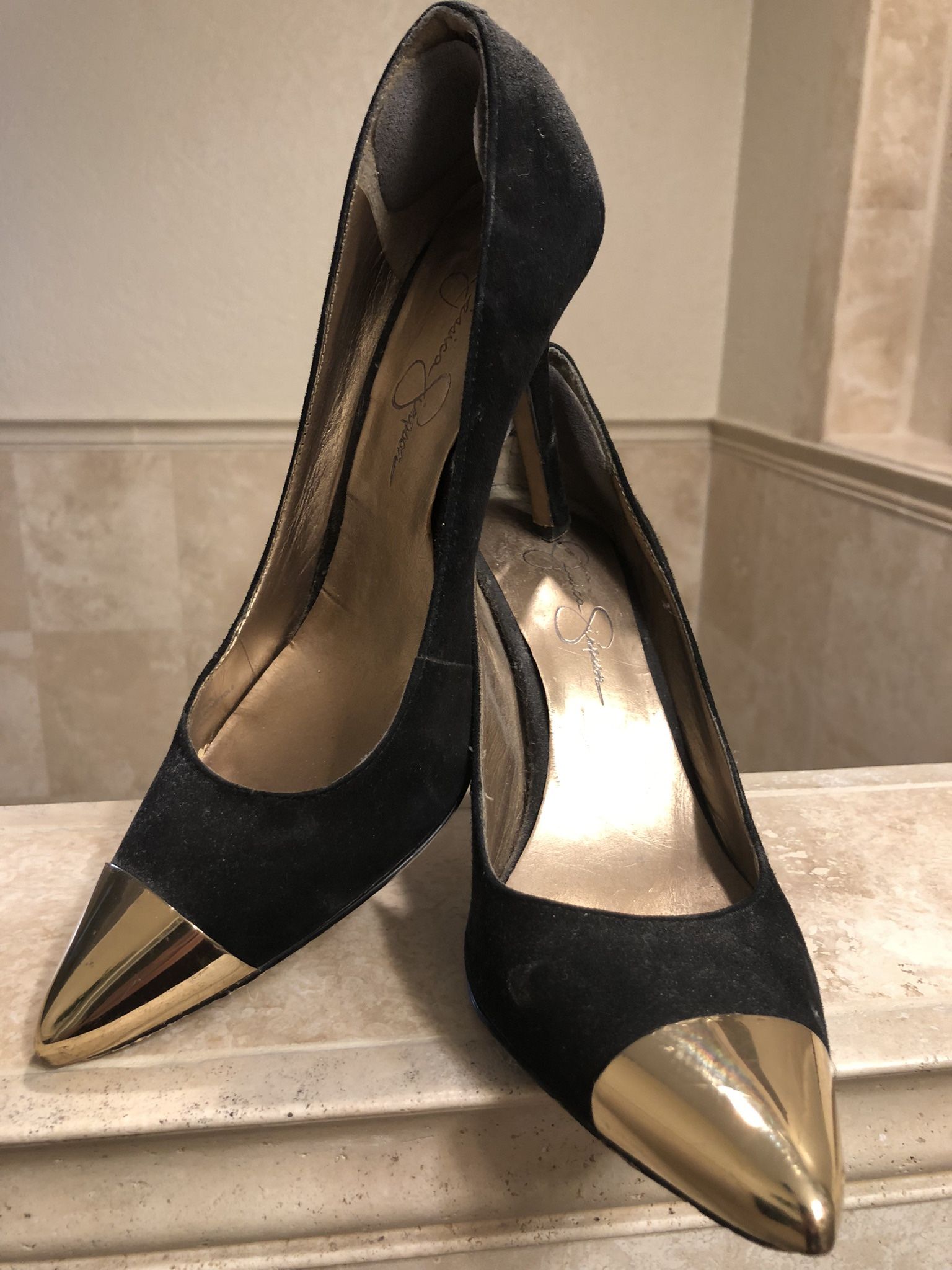 JESSICA SIMPSON Black Suede Gold Tip High Heel Pumps