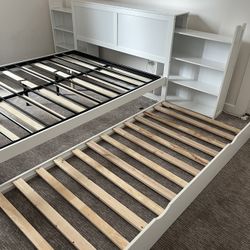 Queen Bed with Pull Out Shelves and XL Twin Size Trundle