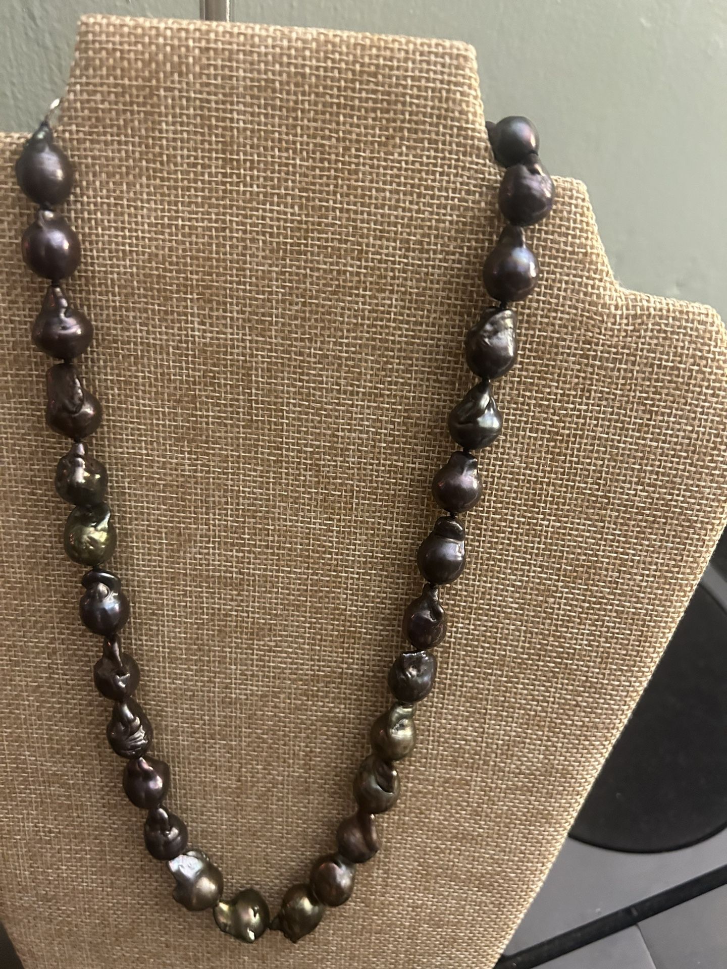 Peacock Black Baroque Pearl Necklace with 925 Stamped Silver Clasp