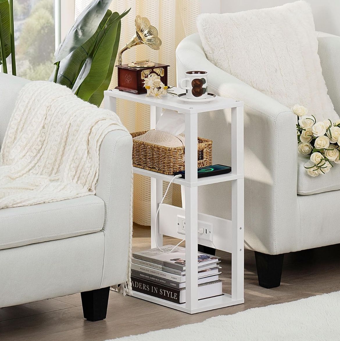 3-Tier Small Narrow Wood Side Table with Charging Station, Skinny Nightstand for Small Space, Slim Bedside Table with Storage for Couch, Thin End Tabl