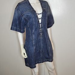 Stella McCartney Lace-Up Dark Blue Denim Mini Dress Size L Made In Italy