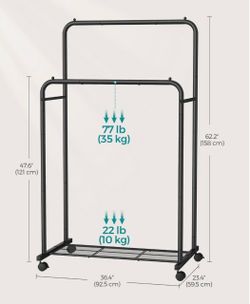 SONGMICS Double Rods Clothes Rack w/ Wheels and Storage Shelf - Black