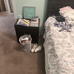 Bed, End Table And Dresser With Mirror. Mattress