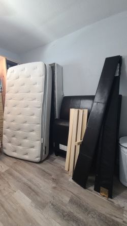 REDUCED Twin sleigh bed leather with mattress 450