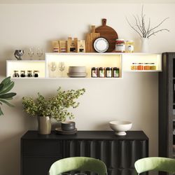 65.35in Wall Mounted Floating TV Stand with 20 Color LEDs and Charging Station 