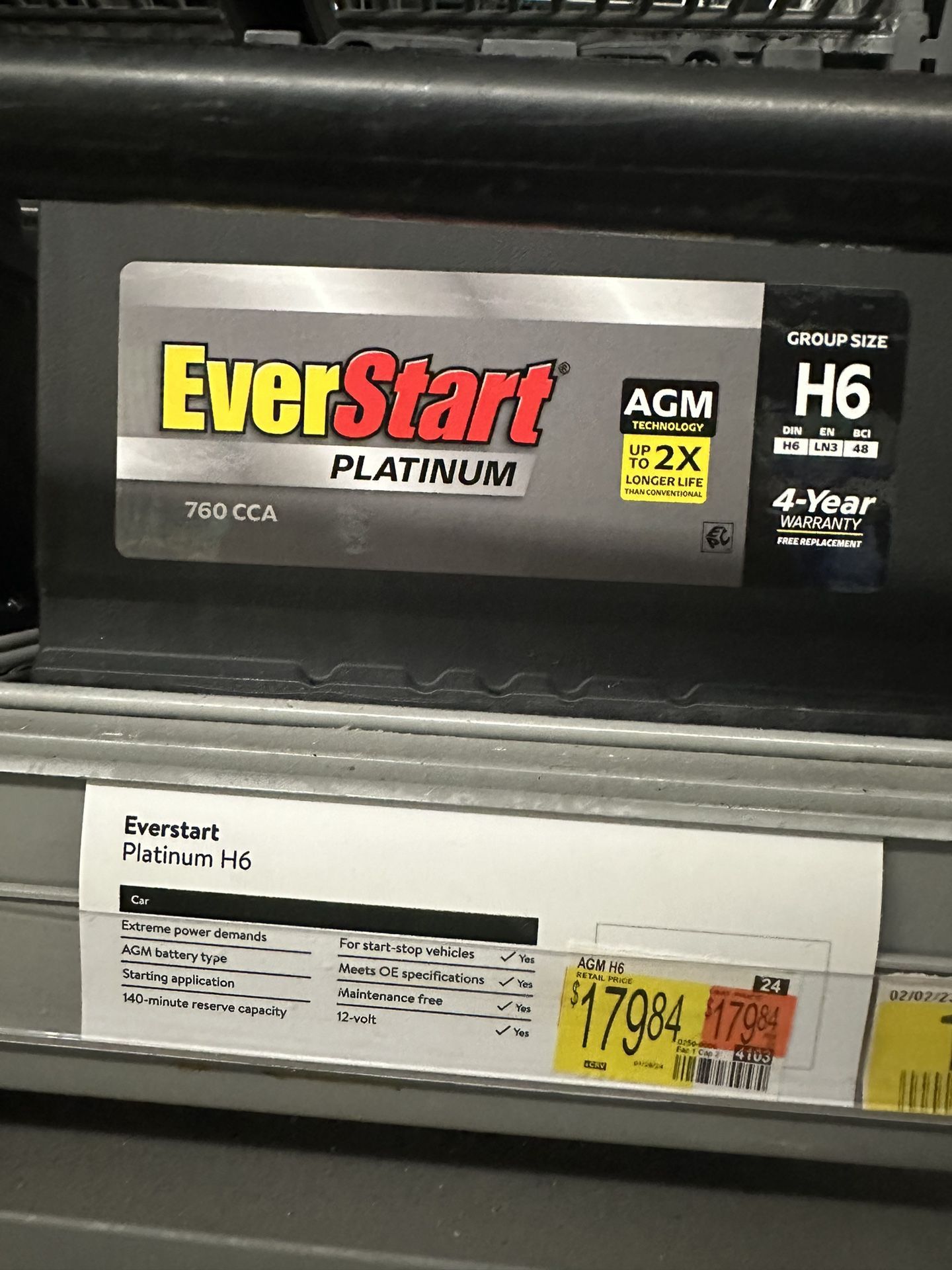 Everstart Platinum Plus AGM H6 Battery With 4 Year Free Replacement