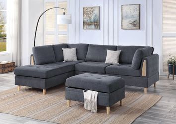 Brand New Grey Super Plush Chenille Sectional Sofa w Storage Ottoman