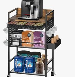 Compact Coffee Bar Cabinet with Power Outlet, Lockable Wheels, and Storage Drawer - Rustic Brown 