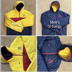 NIKE FC / BARCELONA BARCA Reversible Full-Zip Soccer jacket / MESSI Coat / SIZE: Men’s X-Large XL / Brand New w/o Tags!! / Yellow, Navy, Maroon