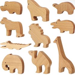 Wooden Safari Animal Figures Set, 10 Forest Animals Figures Toys, for 1-3 Year Old
