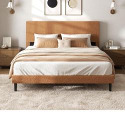 viplov Queen Bed Frame,Teddy Velvet Modern Platform Bed Frame with Upholstered Headboard, Mattress Foundation, No Box Spring Required, Brown