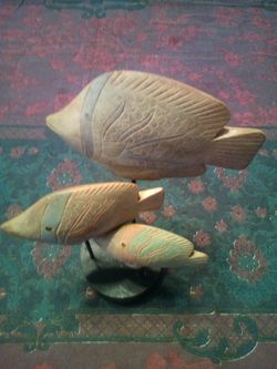Vintage 3 wooden coy fish figurine /hand painted /hand carved / 11 inches high