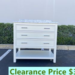 36”white single sink bathroom vanity with carrara white marble stone top