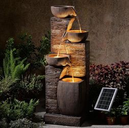 38.2" Tall Solar Powered Water Fountain for Outdoor,4 Tiers Modern Cascading Bowls and Stacked Stones Solar Fountains with LED Lights for Garden, Pati
