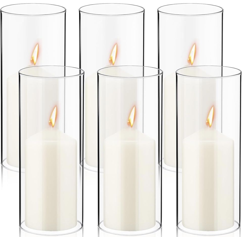 6 Sets Open Ended Hurricane Candleholders with Pillar Candles Hurricane Candle Holder Sleeve Bottomless Glass Candle Shade Cylinder Clear Chimney Tube