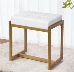 Vanity Stool, Vanity Chair Stools for Makeup Room, Faux Leather Small Makeup Bench, Modern Gold Metal Legs Ottoman Foot Rest for Bedroom Living Room, 
