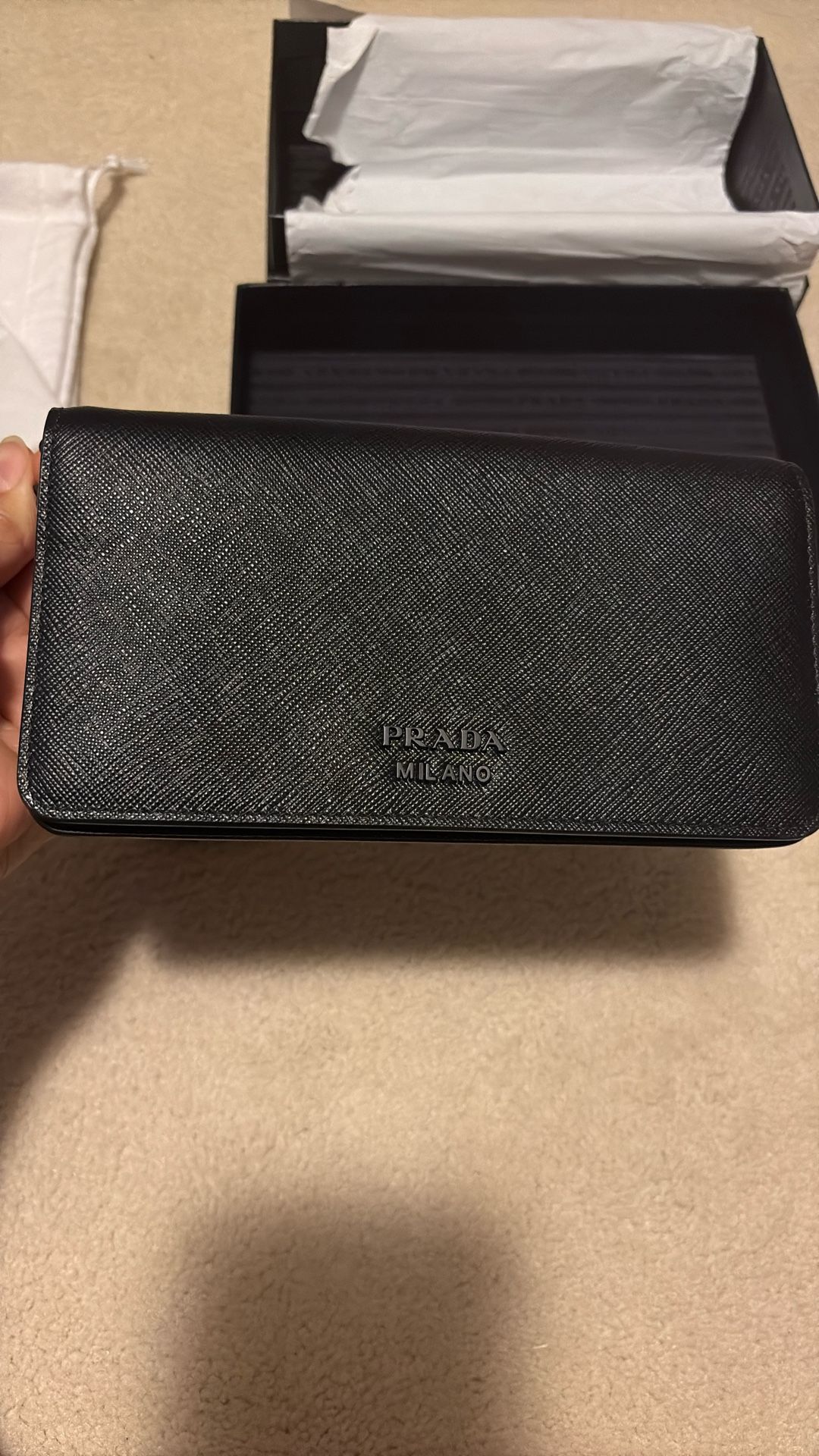 New Prada Saffiano Leather Continental Style Black Purse