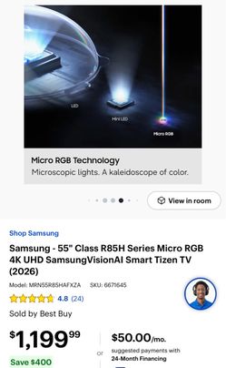 Samsung - 55" Class R85H Series Micro RGB 4K UHD SamsungVisionAI Smart Tizen TV (2026)