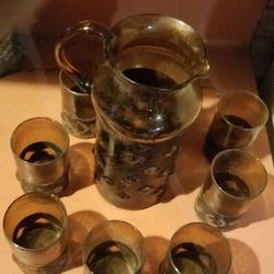 Antique Spanish Glass And Pitcher Set