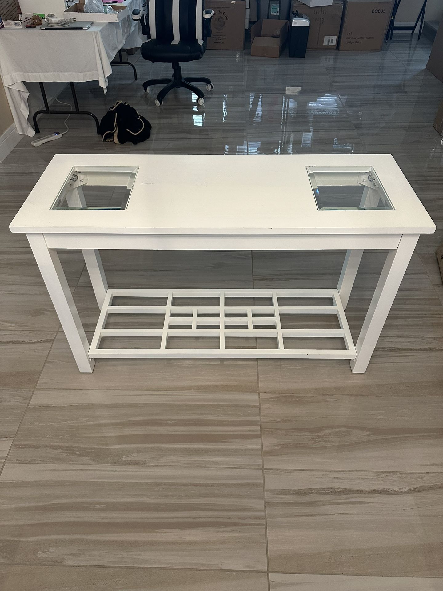 White Entry Table / Console Table / Sideboard / Buffet With Glass Window Top
