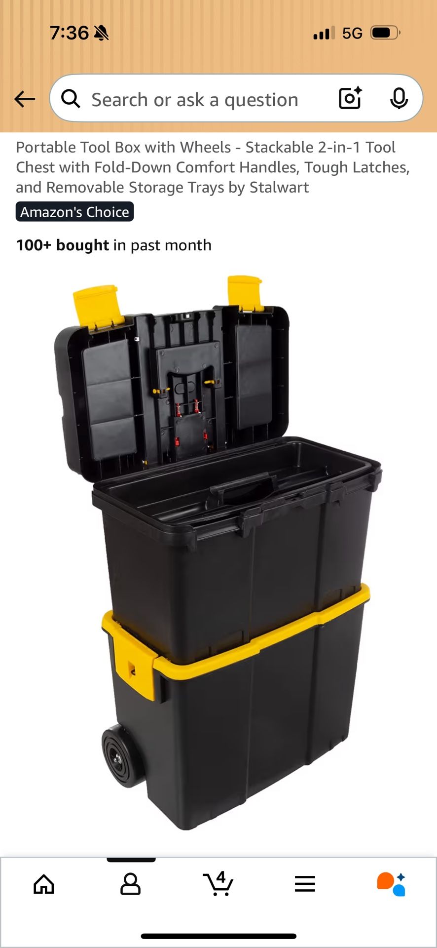 Portable Tool Box with Wheels - Stackable 2-in-1 Tool Chest with Fold-Down Comfort Handles, Tough Latche