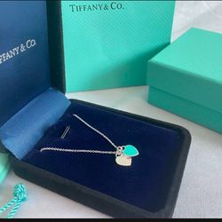 Tiffany & Co. Necklace Silver Tone Blue Mini Double Heart Tag Pendant 