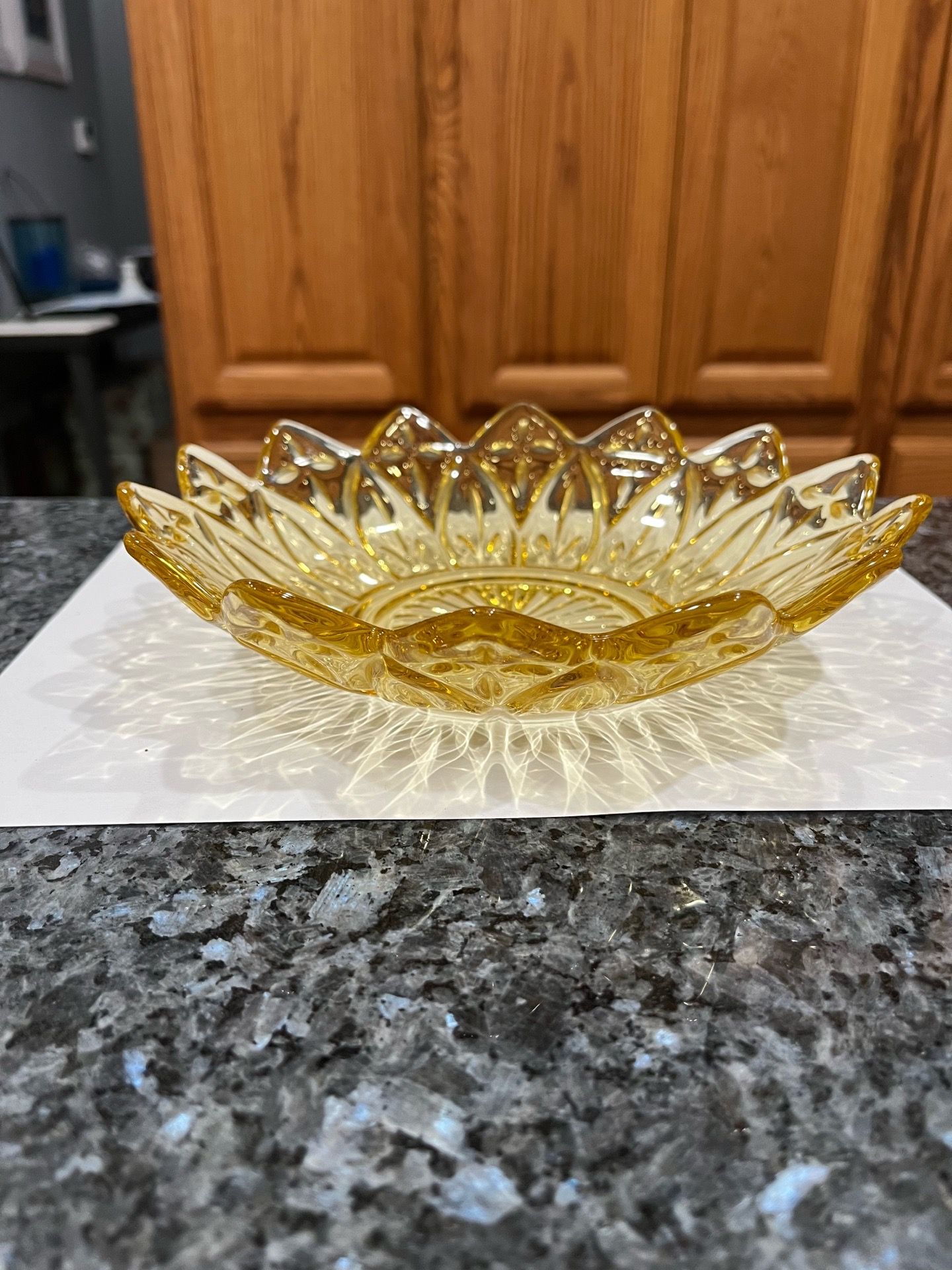 Vintage Amber Glass Plate. Size 8 inches wide and 2 inches depth. Preowned Excellent condition no cracks or chips. Has been on display in a cabinet