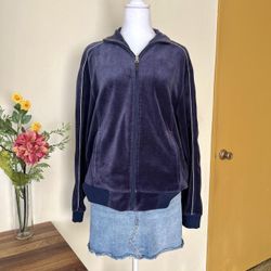 Mens Vintage Navy Blue Velour Zip Up Jacket