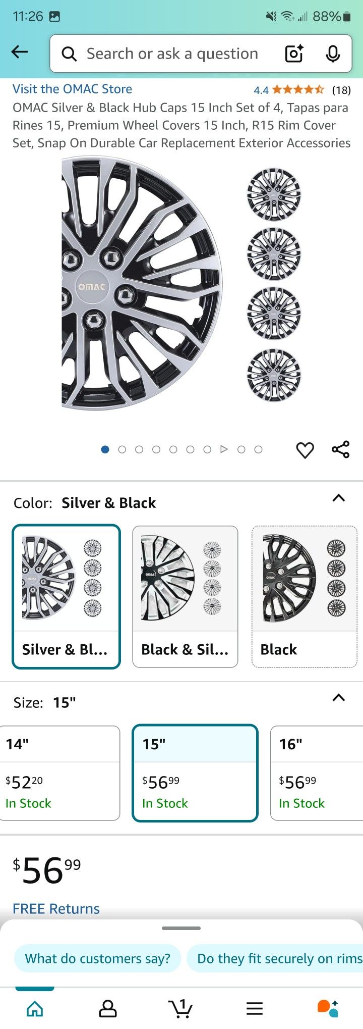 OMAC Silver & Black Hub Caps 15 Inch Set of 4