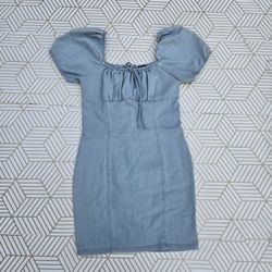 Iris Demin Mini Dress Light Blue Square Neckline Puffy Sleeve Front Ruched