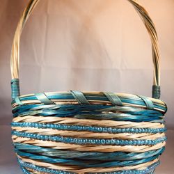 Wicker Woven Round Basket, Green with Handle and Rows of Beads on Exterior