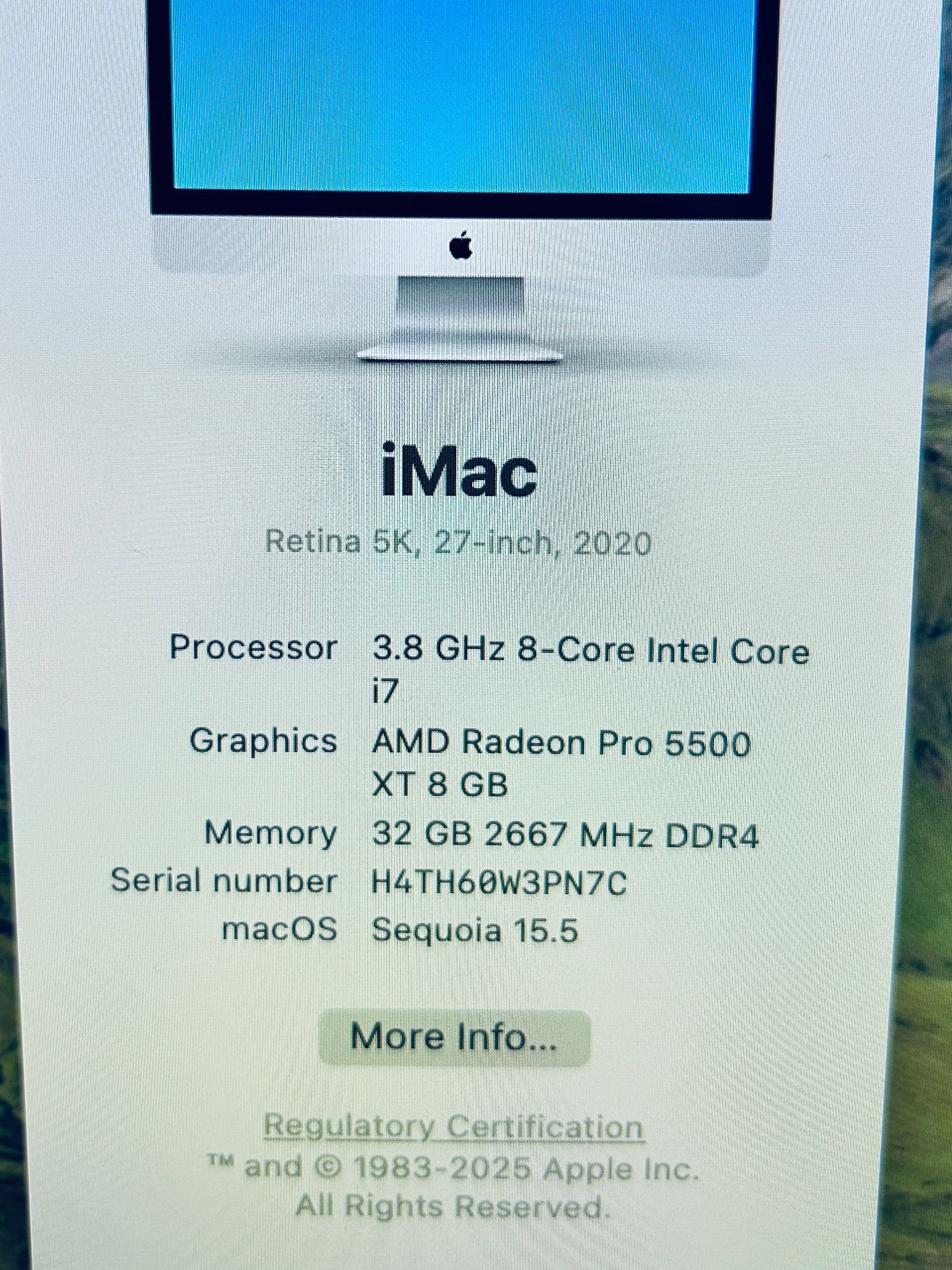 Apple iMac 27” Retina 5K 2020 3.8Ghz 8-Core i7 32GB RAM 500GB Radeon Pro 5500 XT 8GB Graphics
