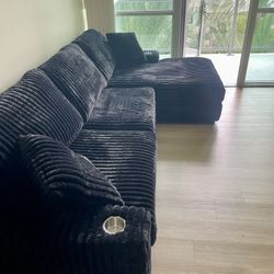 Black Sectional Sofa - Extra Wide Seating - Soft Fur Like Fabric