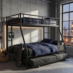 New Twin Over Full Bunk Bed with Trundle, Metal Loft Bed with 2 Safe Ladders, Trundle Bed with Safety Guard, Space Saving, Noiseless for Small Bedroom