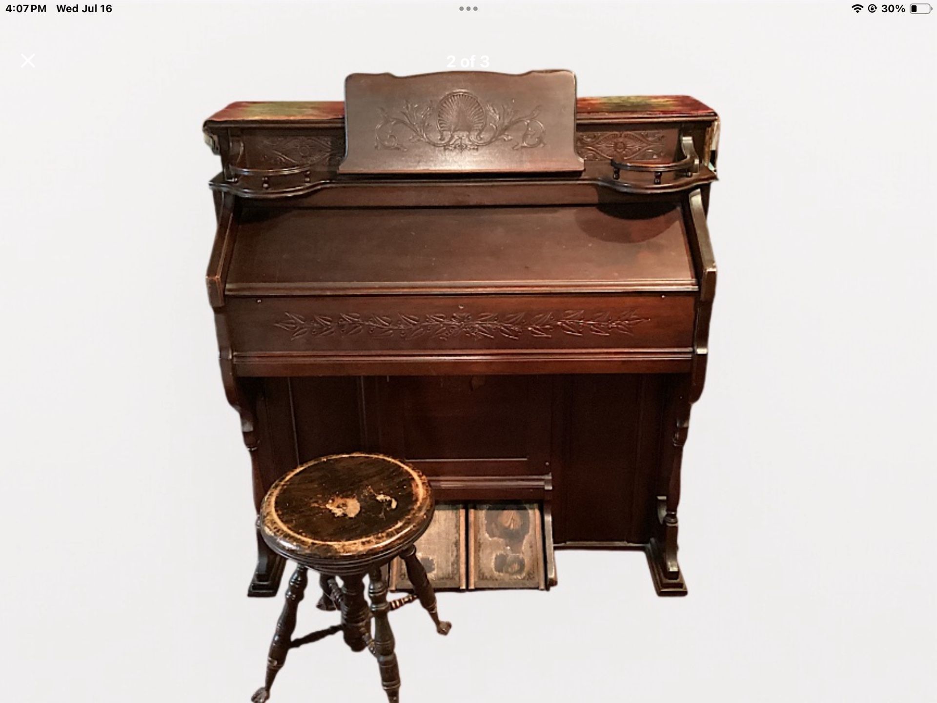 Antique Pump Organ with Ornate Wooden Stool